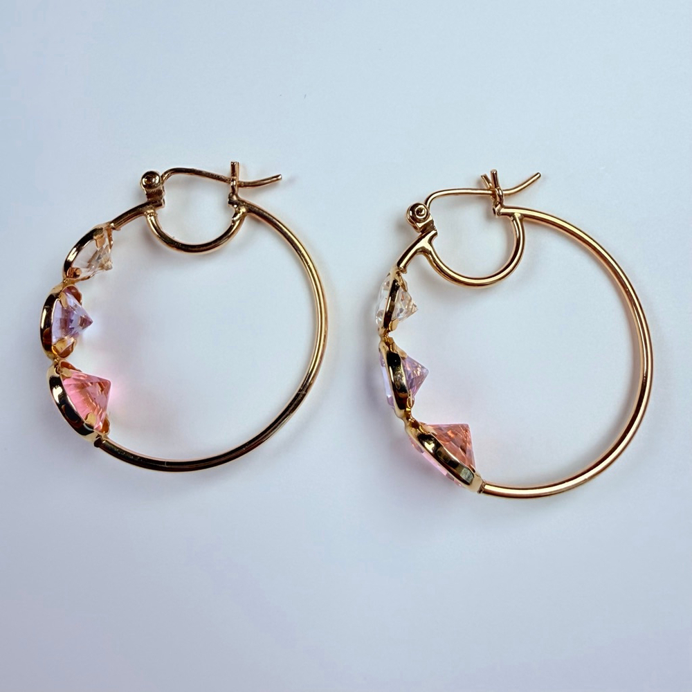 14K Solid Yellow Gold Rock Candy Gemstone Modern Hoop Earrings 28MM - Picture 8 of 13